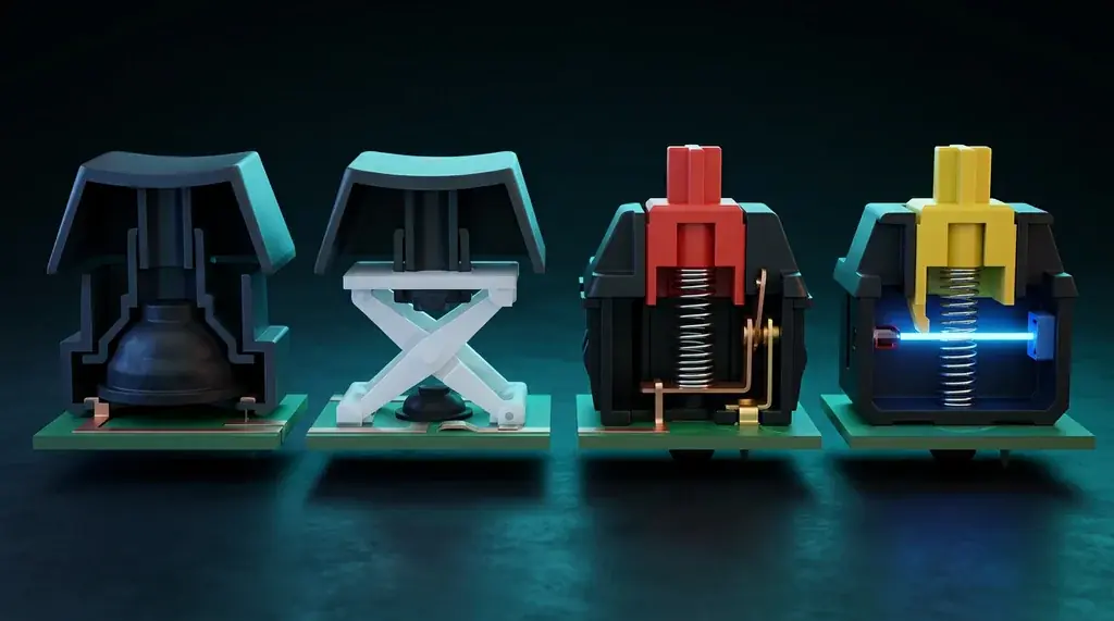 Устройство четырёх типов клавиатурных переключателей в разрезе